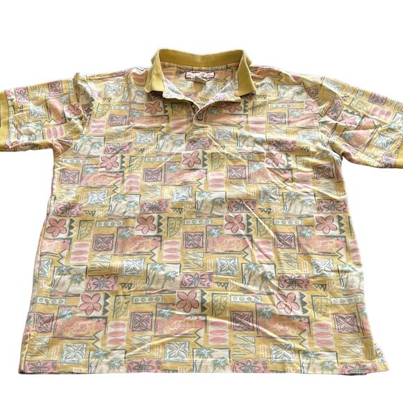 Paradise Blue Multicolor Tropical Print Knit Golf Shirt Polo Mens Size Large - Picture 1 of 7